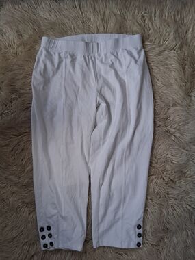 SUMMER SALE White Stretch Capri Pants with Button Detail